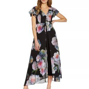 Adrianna Papell Floral Printed Overlay Jumpsuit Size 14 Women V Neck Flutter